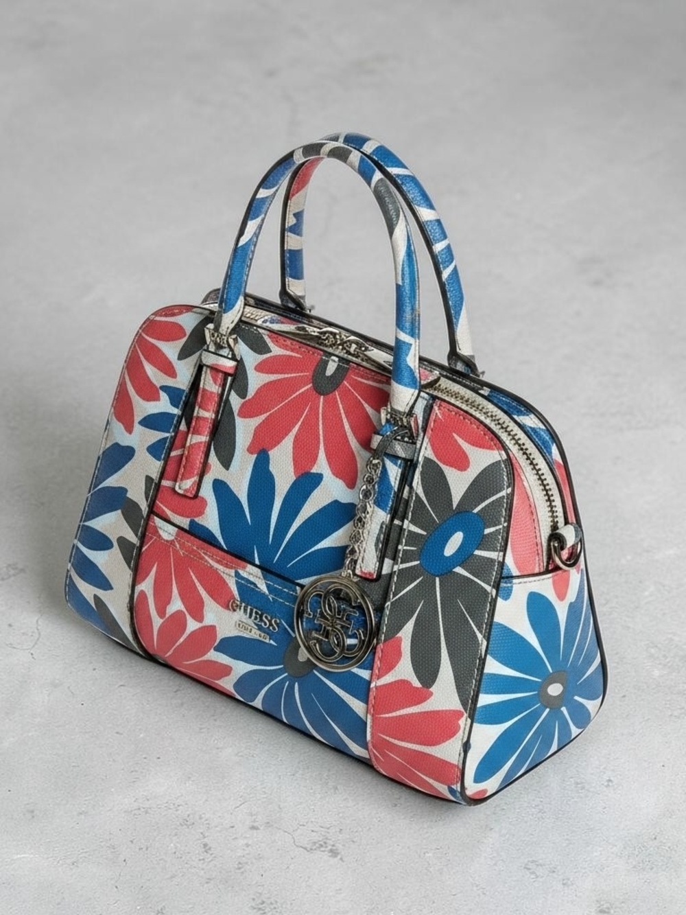 GUESS Floral Dome Satchel in Red, Blue, Gray